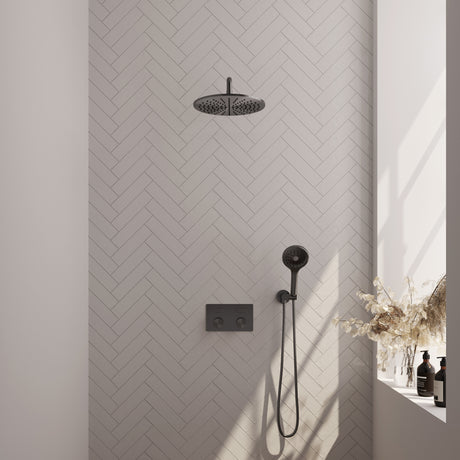 BRAUER Gunmetal Carving thermostatische inbouw regendouche met drukknoppen SET 58 met 30 cm douchekop en gebogen muurarm en 3-standen handdouche en doucheslang en wandaansluitbocht gunmetal geborsteld PVD