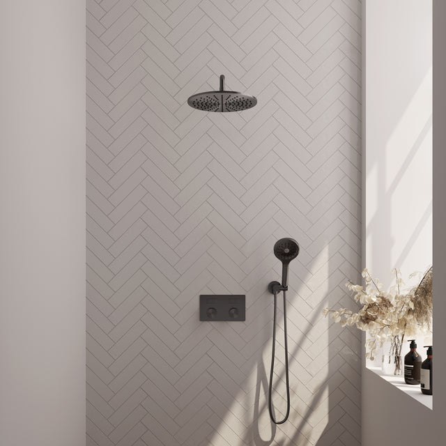 BRAUER Gunmetal Carving thermostatische inbouw regendouche met drukknoppen SET 58 met 30 cm douchekop en gebogen muurarm en 3-standen handdouche en doucheslang en wandaansluitbocht gunmetal geborsteld PVD