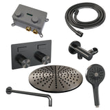 BRAUER Gunmetal Carving thermostatische inbouw regendouche met drukknoppen SET 58 met 30 cm douchekop en gebogen muurarm en 3-standen handdouche en doucheslang en wandaansluitbocht gunmetal geborsteld PVD