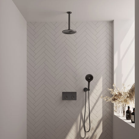 BRAUER Gunmetal Carving thermostatische inbouw regendouche met drukknoppen SET 59 met 20 cm douchekop en plafondarm en 3-standen handdouche en doucheslang en wandaansluitbocht gunmetal geborsteld PVD