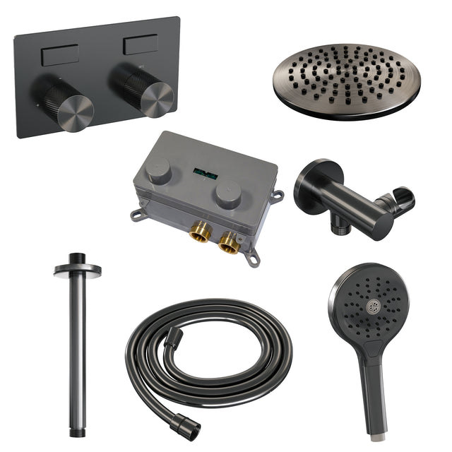 BRAUER Gunmetal Carving thermostatische inbouw regendouche met drukknoppen SET 59 met 20 cm douchekop en plafondarm en 3-standen handdouche en doucheslang en wandaansluitbocht gunmetal geborsteld PVD