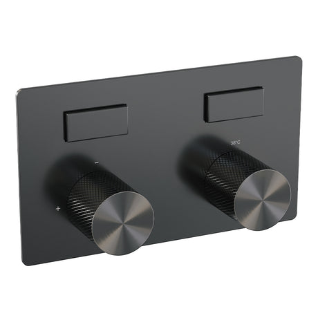 BRAUER Gunmetal Carving thermostatische inbouw regendouche met drukknoppen SET 59 met 20 cm douchekop en plafondarm en 3-standen handdouche en doucheslang en wandaansluitbocht gunmetal geborsteld PVD
