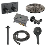 BRAUER Gunmetal Carving thermostatische inbouw regendouche met drukknoppen SET 60 met 30 cm douchekop en plafondarm en 3-standen handdouche en doucheslang en wandaansluitbocht gunmetal geborsteld PVD