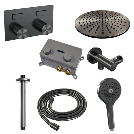 BRAUER Gunmetal Carving thermostatische inbouw regendouche met drukknoppen SET 60 met 30 cm douchekop en plafondarm en 3-standen handdouche en doucheslang en wandaansluitbocht gunmetal geborsteld PVD