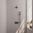 BRAUER Gunmetal Carving thermostatische inbouw regendouche met drukknoppen SET 61 met 20 cm douchekop en rechte muurarm en staaf handdouche en doucheslang en geïntegreerde glijstang gunmetal geborsteld PVD