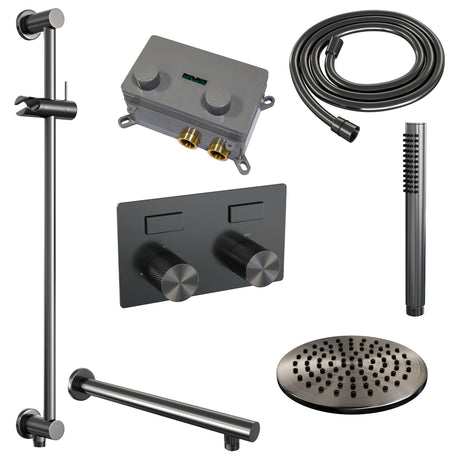 BRAUER Gunmetal Carving thermostatische inbouw regendouche met drukknoppen SET 61 met 20 cm douchekop en rechte muurarm en staaf handdouche en doucheslang en geïntegreerde glijstang gunmetal geborsteld PVD