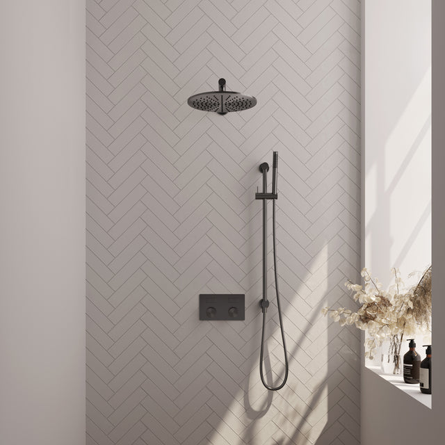 BRAUER Gunmetal Carving thermostatische inbouw regendouche met drukknoppen SET 62 met 30 cm douchekop en rechte muurarm en staaf handdouche en doucheslang en geïntegreerde glijstang gunmetal geborsteld PVD