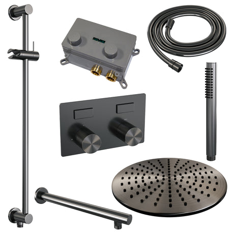 BRAUER Gunmetal Carving thermostatische inbouw regendouche met drukknoppen SET 62 met 30 cm douchekop en rechte muurarm en staaf handdouche en doucheslang en geïntegreerde glijstang gunmetal geborsteld PVD