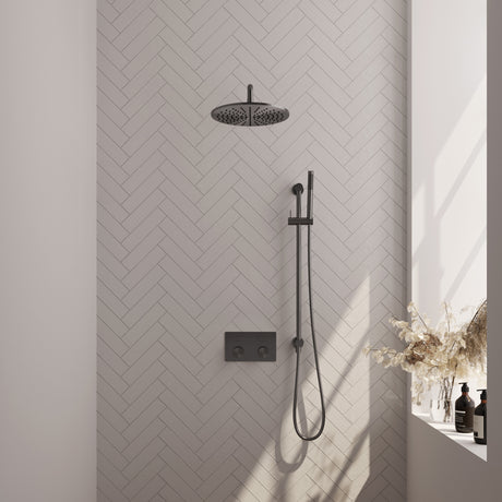 BRAUER Gunmetal Carving thermostatische inbouw regendouche met drukknoppen SET 64 met 30 cm douchekop en gebogen muurarm en staaf handdouche en doucheslang en geïntegreerde glijstang gunmetal geborsteld PVD