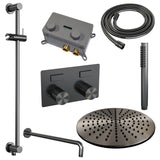 BRAUER Gunmetal Carving thermostatische inbouw regendouche met drukknoppen SET 64 met 30 cm douchekop en gebogen muurarm en staaf handdouche en doucheslang en geïntegreerde glijstang gunmetal geborsteld PVD