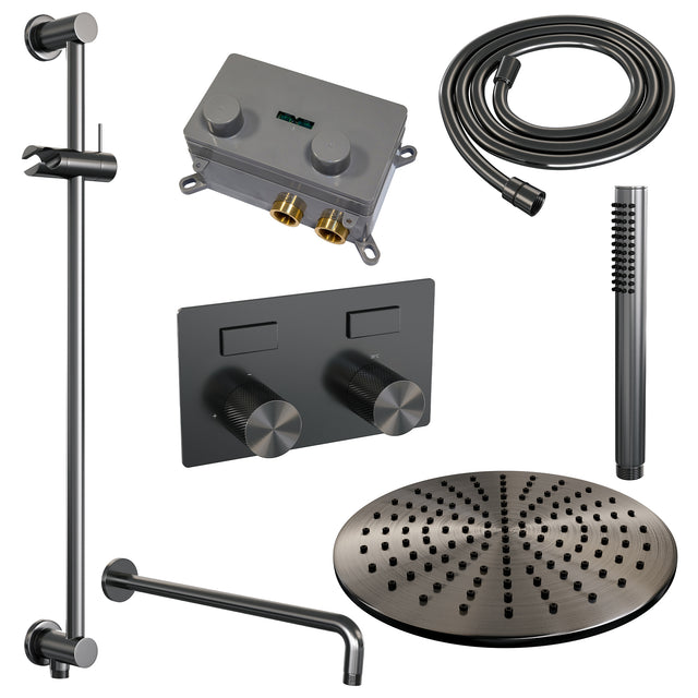 BRAUER Gunmetal Carving thermostatische inbouw regendouche met drukknoppen SET 64 met 30 cm douchekop en gebogen muurarm en staaf handdouche en doucheslang en geïntegreerde glijstang gunmetal geborsteld PVD