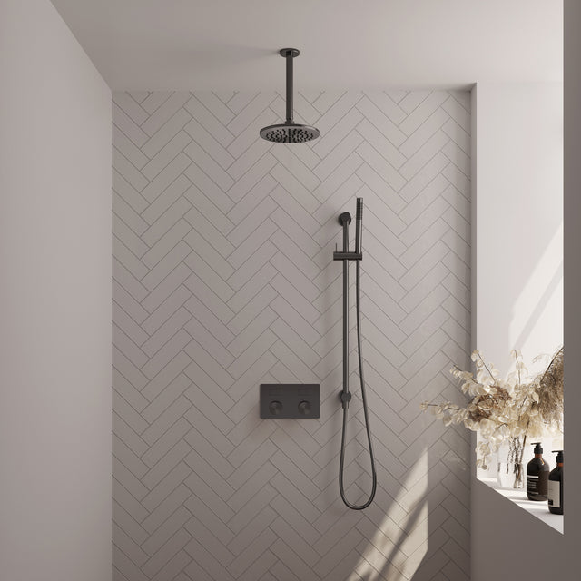 BRAUER Gunmetal Carving thermostatische inbouw regendouche met drukknoppen SET 65 met 20 cm douchekop en plafondarm en staaf handdouche en doucheslang en geïntegreerde glijstang gunmetal geborsteld PVD