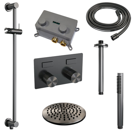 BRAUER Gunmetal Carving thermostatische inbouw regendouche met drukknoppen SET 65 met 20 cm douchekop en plafondarm en staaf handdouche en doucheslang en geïntegreerde glijstang gunmetal geborsteld PVD