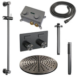 BRAUER Gunmetal Carving thermostatische inbouw regendouche met drukknoppen SET 66 met 30 cm douchekop en plafondarm en staaf handdouche en doucheslang en geïntegreerde glijstang gunmetal geborsteld PVD