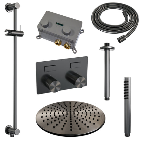 BRAUER Gunmetal Carving thermostatische inbouw regendouche met drukknoppen SET 66 met 30 cm douchekop en plafondarm en staaf handdouche en doucheslang en geïntegreerde glijstang gunmetal geborsteld PVD