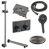 BRAUER Gunmetal Carving thermostatische inbouw regendouche met drukknoppen SET 67 met 20 cm douchekop en rechte muurarm en 3-standen handdouche en doucheslang en geïntegreerde glijstang gunmetal geborsteld PVD