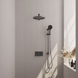 BRAUER Gunmetal Carving thermostatische inbouw regendouche met drukknoppen SET 68 met 30 cm douchekop en rechte muurarm en 3-standen handdouche en doucheslang en geïntegreerde glijstang gunmetal geborsteld PVD