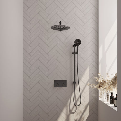 BRAUER Gunmetal Carving thermostatische inbouw regendouche met drukknoppen SET 68 met 30 cm douchekop en rechte muurarm en 3-standen handdouche en doucheslang en geïntegreerde glijstang gunmetal geborsteld PVD
