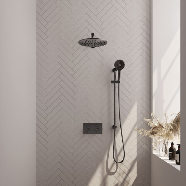 BRAUER Gunmetal Carving thermostatische inbouw regendouche met drukknoppen SET 68 met 30 cm douchekop en rechte muurarm en 3-standen handdouche en doucheslang en geïntegreerde glijstang gunmetal geborsteld PVD