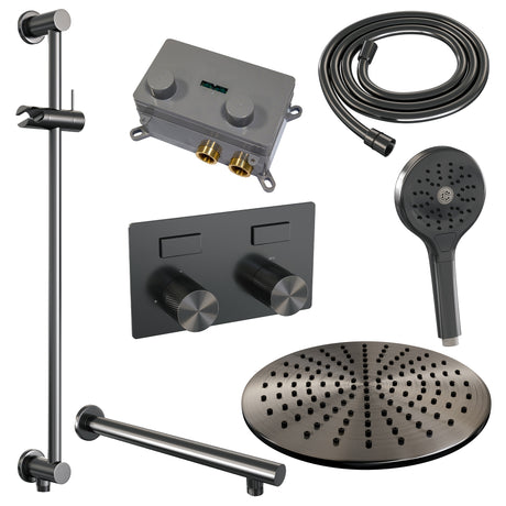 BRAUER Gunmetal Carving thermostatische inbouw regendouche met drukknoppen SET 68 met 30 cm douchekop en rechte muurarm en 3-standen handdouche en doucheslang en geïntegreerde glijstang gunmetal geborsteld PVD
