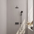 BRAUER Gunmetal Carving thermostatische inbouw regendouche met drukknoppen SET 69 met 20 cm douchekop en gebogen muurarm en 3-standen handdouche en doucheslang en geïntegreerde glijstang gunmetal geborsteld PVD