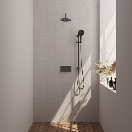 BRAUER Gunmetal Carving thermostatische inbouw regendouche met drukknoppen SET 69 met 20 cm douchekop en gebogen muurarm en 3-standen handdouche en doucheslang en geïntegreerde glijstang gunmetal geborsteld PVD