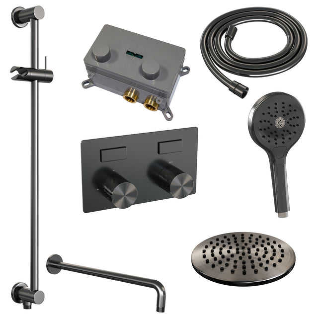 BRAUER Gunmetal Carving thermostatische inbouw regendouche met drukknoppen SET 69 met 20 cm douchekop en gebogen muurarm en 3-standen handdouche en doucheslang en geïntegreerde glijstang gunmetal geborsteld PVD