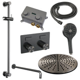 BRAUER Gunmetal Carving thermostatische inbouw regendouche met drukknoppen SET 70 met 30 cm douchekop en gebogen muurarm en 3-standen handdouche en doucheslang en geïntegreerde glijstang gunmetal geborsteld PVD