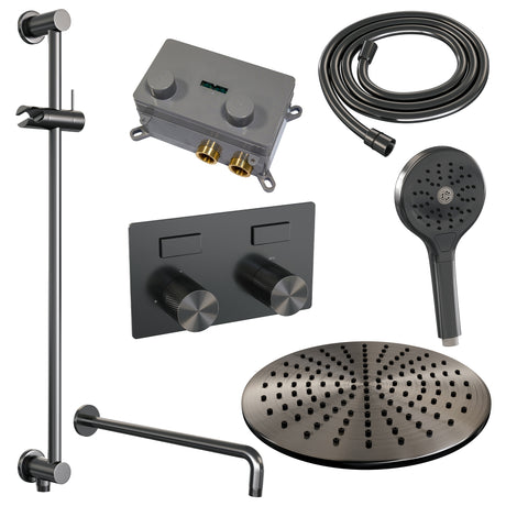 BRAUER Gunmetal Carving thermostatische inbouw regendouche met drukknoppen SET 70 met 30 cm douchekop en gebogen muurarm en 3-standen handdouche en doucheslang en geïntegreerde glijstang gunmetal geborsteld PVD