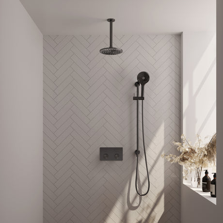 BRAUER Gunmetal Carving thermostatische inbouw regendouche met drukknoppen SET 71 met 20 cm douchekop en plafondarm en 3-standen handdouche en doucheslang en geïntegreerde glijstang gunmetal geborsteld PVD