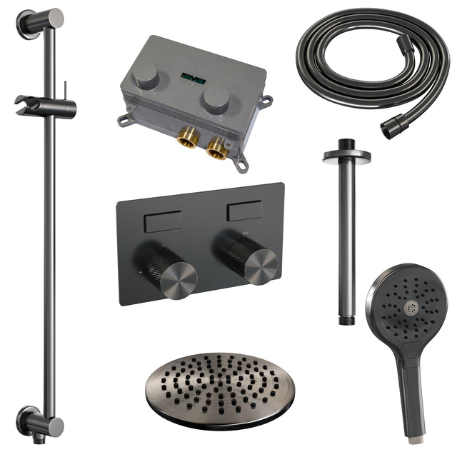 BRAUER Gunmetal Carving thermostatische inbouw regendouche met drukknoppen SET 71 met 20 cm douchekop en plafondarm en 3-standen handdouche en doucheslang en geïntegreerde glijstang gunmetal geborsteld PVD