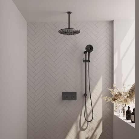 BRAUER Gunmetal Carving thermostatische inbouw regendouche met drukknoppen SET 72 met 30 cm douchekop en plafondarm en 3-standen handdouche en doucheslang en geïntegreerde glijstang gunmetal geborsteld PVD
