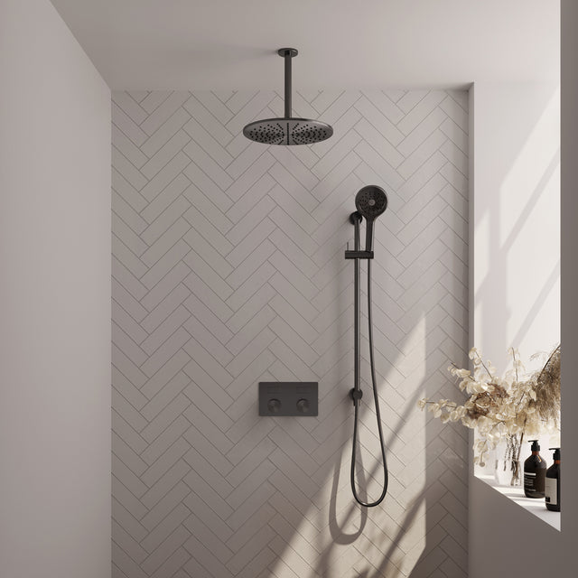BRAUER Gunmetal Carving thermostatische inbouw regendouche met drukknoppen SET 72 met 30 cm douchekop en plafondarm en 3-standen handdouche en doucheslang en geïntegreerde glijstang gunmetal geborsteld PVD