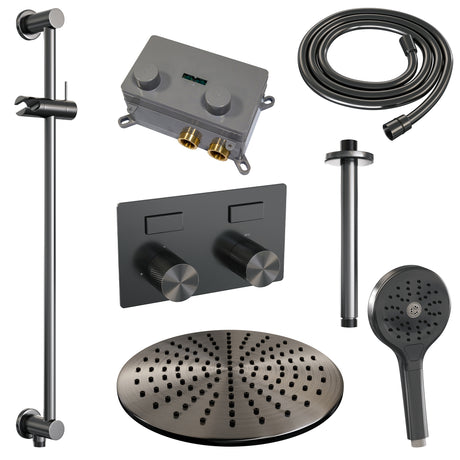 BRAUER Gunmetal Carving thermostatische inbouw regendouche met drukknoppen SET 72 met 30 cm douchekop en plafondarm en 3-standen handdouche en doucheslang en geïntegreerde glijstang gunmetal geborsteld PVD
