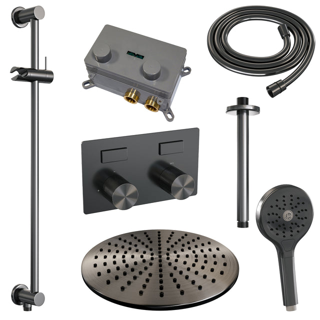 BRAUER Gunmetal Carving thermostatische inbouw regendouche met drukknoppen SET 72 met 30 cm douchekop en plafondarm en 3-standen handdouche en doucheslang en geïntegreerde glijstang gunmetal geborsteld PVD