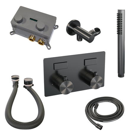 BRAUER Gunmetal Edition thermostatische inbouw badkraan met drukknoppen SET 03 met badvulcombinatie en staaf handdouche en doucheslang en wandaansluitbocht gunmetal geborsteld PVD 5-GM-208