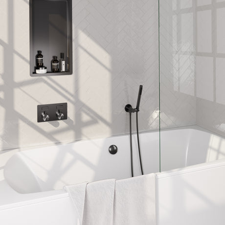BRAUER Gunmetal Edition thermostatische inbouw badkraan met drukknoppen SET 03 met badvulcombinatie en staaf handdouche en doucheslang en wandaansluitbocht gunmetal geborsteld PVD 5-GM-208