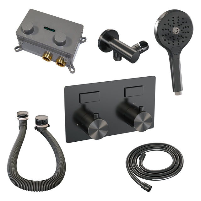 BRAUER Gunmetal Edition thermostatische inbouw badkraan met drukknoppen SET 04 met badvulcombinatie en 3-standen handdouche en doucheslang en wandaansluitbocht gunmetal geborsteld PVD 5-GM-209