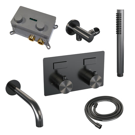 BRAUER Gunmetal Edition thermostatische inbouw badkraan met drukknoppen SET 03 met uitloop en staaf handdouche en doucheslang en wandaansluitbocht gunmetal geborsteld PVD 5-GM-210