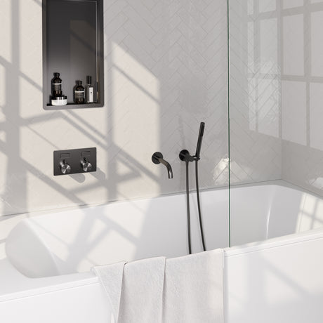 BRAUER Gunmetal Edition thermostatische inbouw badkraan met drukknoppen SET 03 met uitloop en staaf handdouche en doucheslang en wandaansluitbocht gunmetal geborsteld PVD 5-GM-210
