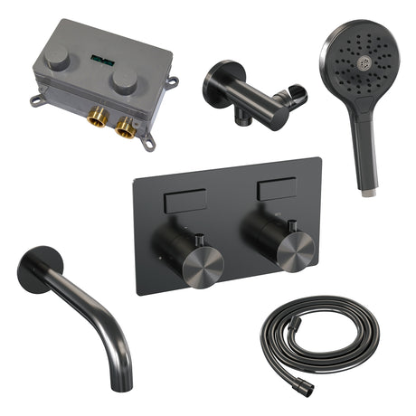 BRAUER Gunmetal Edition thermostatische inbouw badkraan met drukknoppen SET 04 met uitloop en 3-standen handdouche en doucheslang en wandaansluitbocht gunmetal geborsteld PVD 5-GM-211