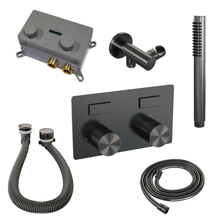 BRAUER Gunmetal Carving thermostatische inbouw badkraan met drukknoppen SET 03 met badvulcombinatie en staaf handdouche en doucheslang en wandaansluitbocht gunmetal geborsteld PVD 5-GM-212