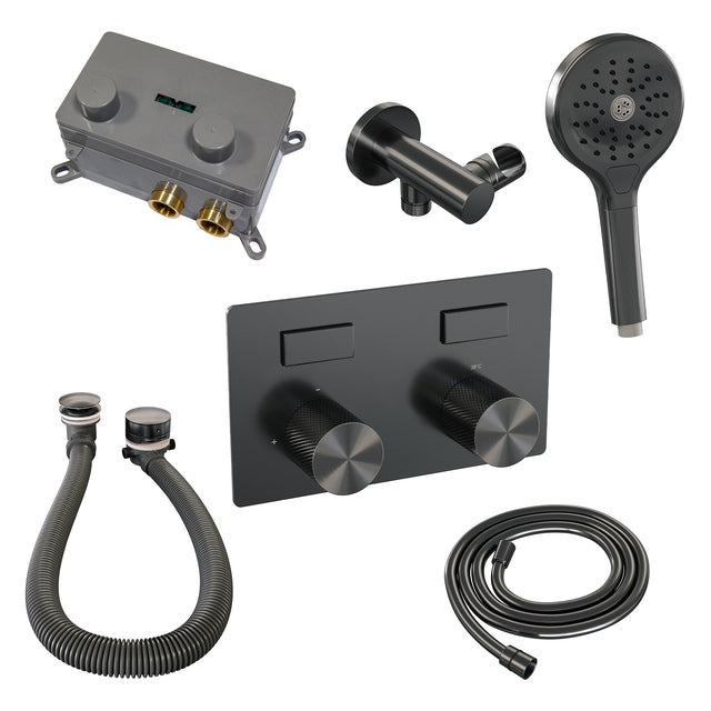 BRAUER Gunmetal Carving thermostatische inbouw badkraan met drukknoppen SET 04 met badvulcombinatie en 3-standen handdouche en doucheslang en wandaansluitbocht gunmetal geborsteld PVD 5-GM-213