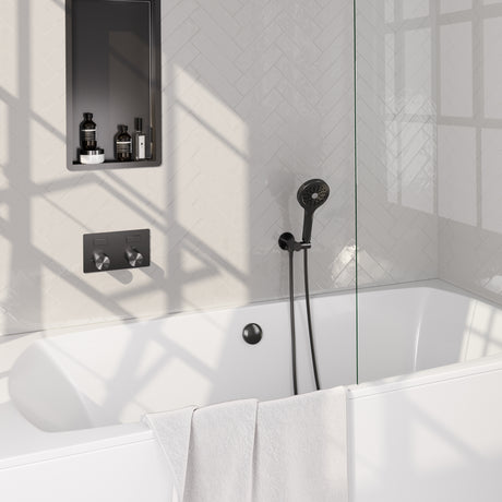 BRAUER Gunmetal Carving thermostatische inbouw badkraan met drukknoppen SET 04 met badvulcombinatie en 3-standen handdouche en doucheslang en wandaansluitbocht gunmetal geborsteld PVD 5-GM-213