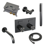 BRAUER Gunmetal Carving thermostatische inbouw badkraan met drukknoppen SET 03 met uitloop en staaf handdouche en doucheslang en wandaansluitbocht gunmetal geborsteld PVD 5-GM-214
