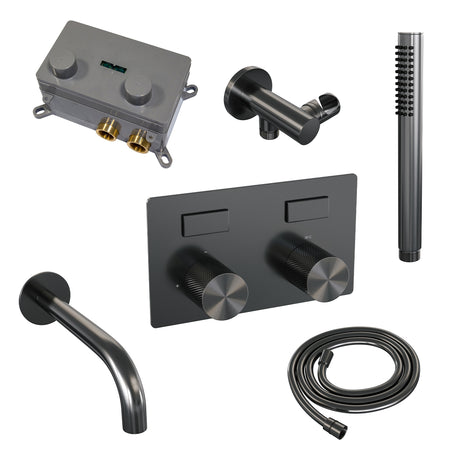 BRAUER Gunmetal Carving thermostatische inbouw badkraan met drukknoppen SET 03 met uitloop en staaf handdouche en doucheslang en wandaansluitbocht gunmetal geborsteld PVD 5-GM-214