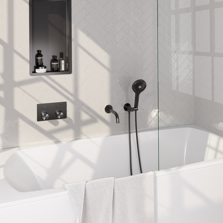 BRAUER Gunmetal Carving thermostatische inbouw badkraan met drukknoppen SET 04 met uitloop en 3-standen handdouche en doucheslang en wandaansluitbocht gunmetal geborsteld PVD 5-GM-215