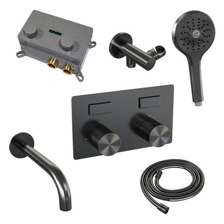 BRAUER Gunmetal Carving thermostatische inbouw badkraan met drukknoppen SET 04 met uitloop en 3-standen handdouche en doucheslang en wandaansluitbocht gunmetal geborsteld PVD 5-GM-215