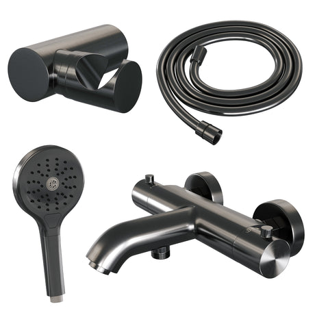 BRAUER Gunmetal Edition opbouw baddouche thermostaatkraan SET 04 met wandhouder en 3-standen handdouche en doucheslang gunmetal geborsteld PVD 5-GM-233