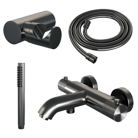 BRAUER Gunmetal Carving opbouw baddouche thermostaatkraan SET 03 met wandhouder en staaf handdouche en doucheslang gunmetal geborsteld PVD 5-GM-246